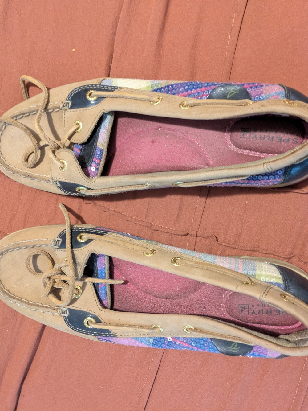 Sperry Tan Suede Boat Shoes with Pink Insole and Multicolor Trim